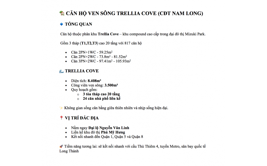 Căn Hộ Trellia Cove Nguyễn Văn Linh, Bình Chánh, dt 77,15m2, giá từ 5tỷ (CĐT Nam Long)